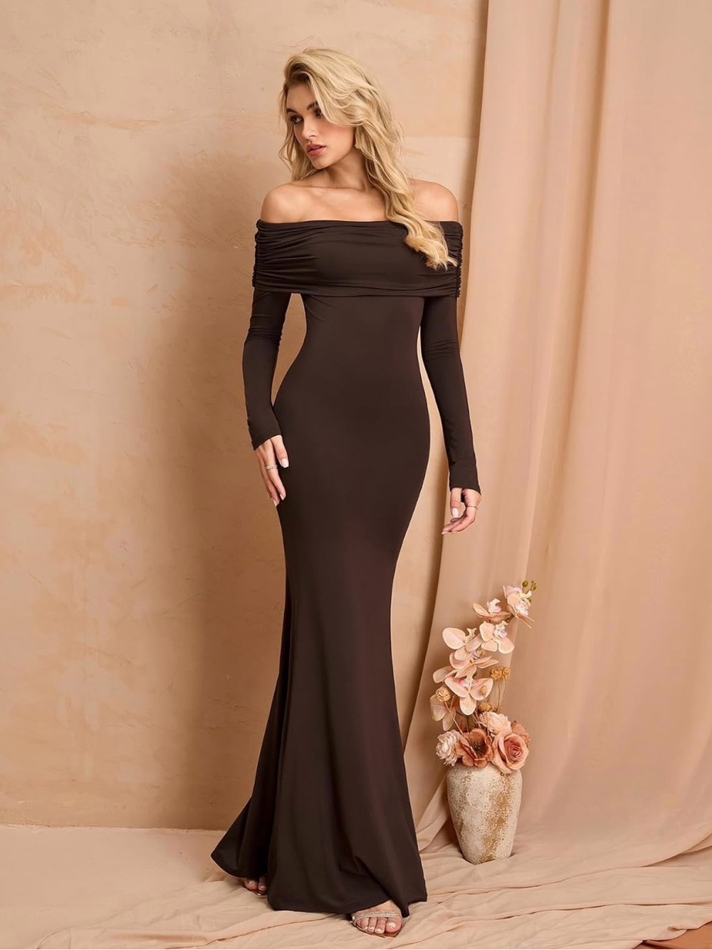 Off-Shoulder Long Sleeve Maxi Dress in Chocolate Brown - Picture 1 of 11